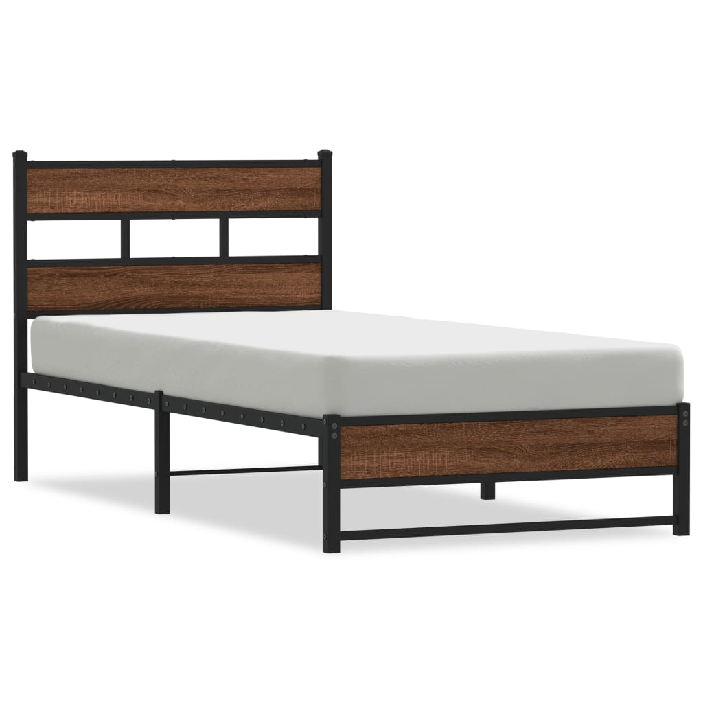 Brown Oak Metal Bed Frame, Small Single 75x190 cm - No Mattress