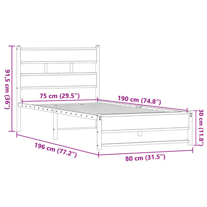 Brown Oak Metal Bed Frame, Small Single 75x190 cm - No Mattress