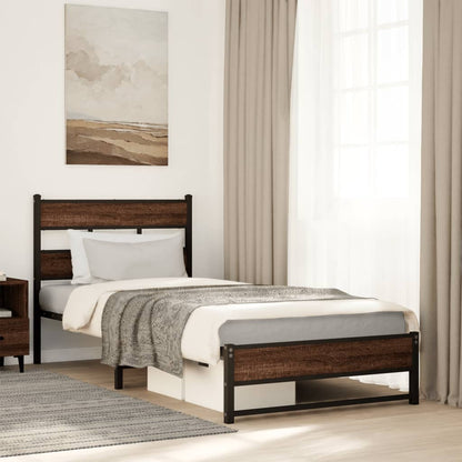 Brown Oak Metal Bed Frame 100x200 cm - Durable & Stylish Design