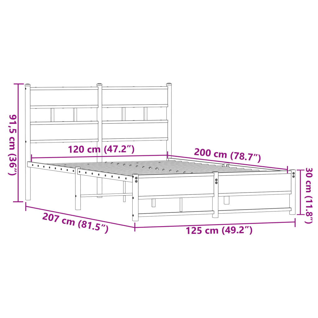 Metal Bed Frame without Mattress Brown Oak 120x200 cm