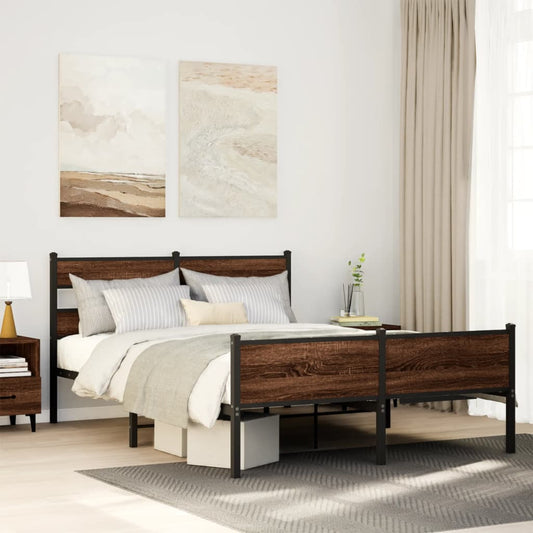 Brown Oak Bed Frame 140x190 cm - Engineered Wood, No Mattress
