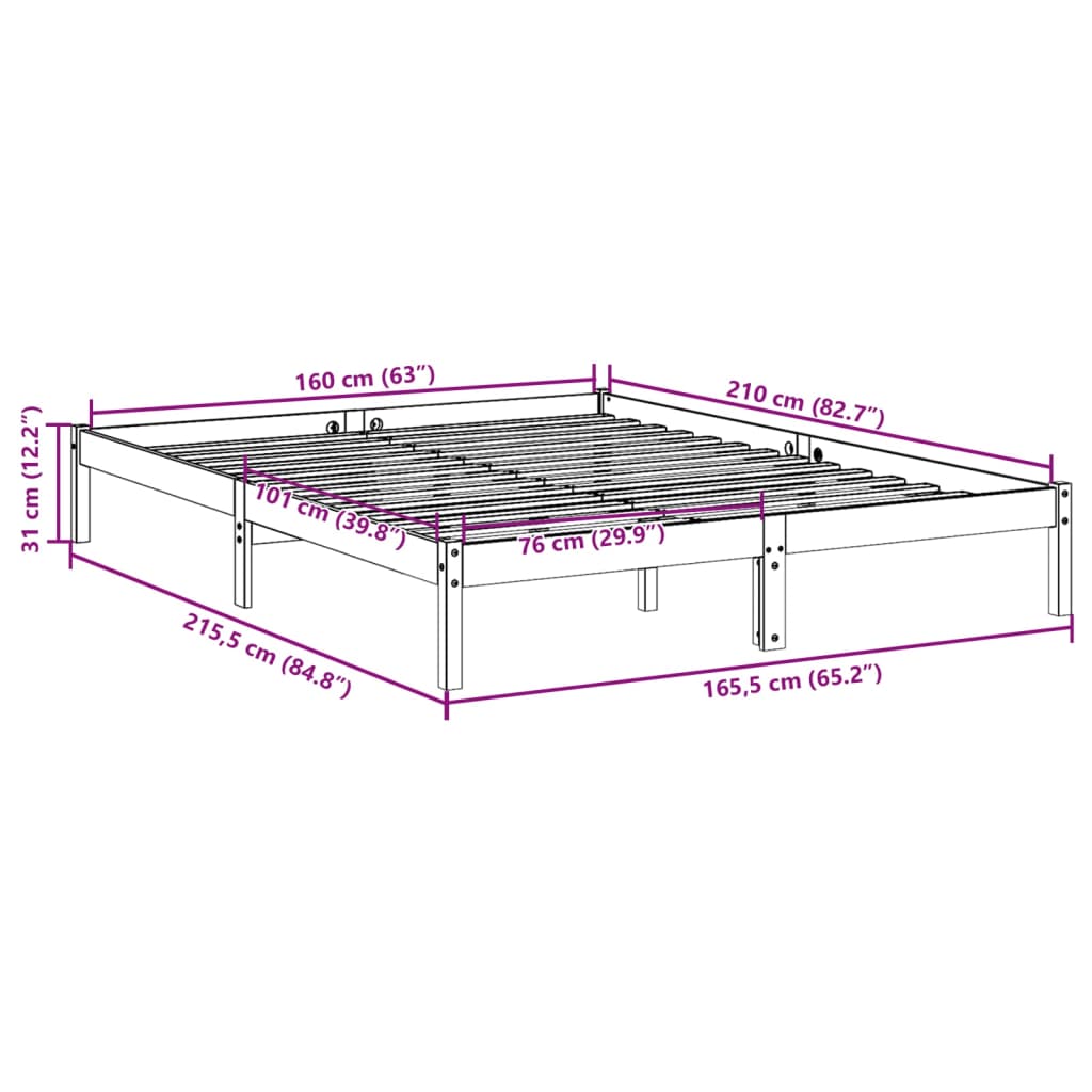 Solid Pine Extra Long Bed Frame 160x210 cm - No Mattress