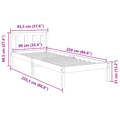 Extra Long Solid Pine Bed Frame 90x220 cm - No Mattress Included