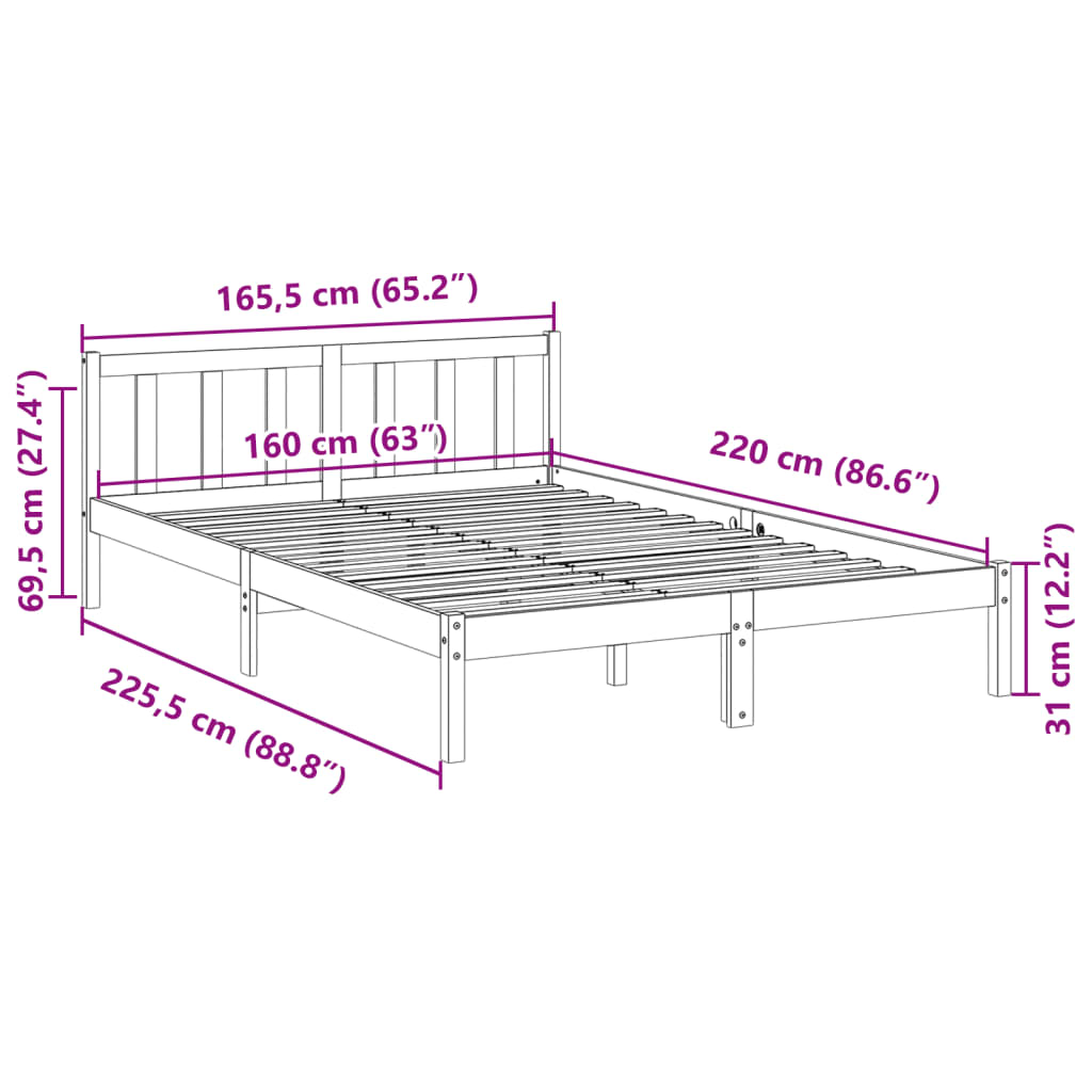 Solid Pine Extra Long Bed Frame 160x220 cm - White Finish