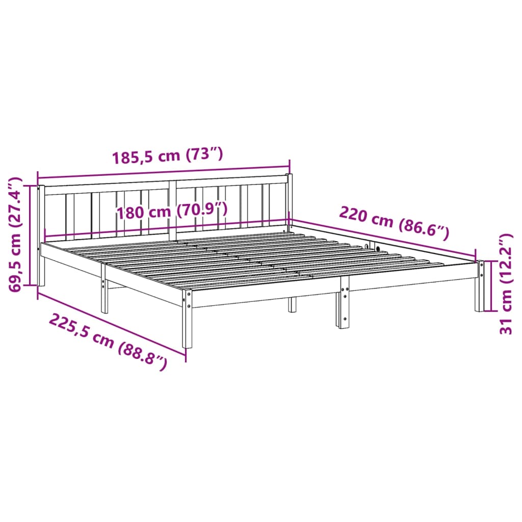 Extra Long Solid Pine Bed Frame 180x220 cm - White Finish