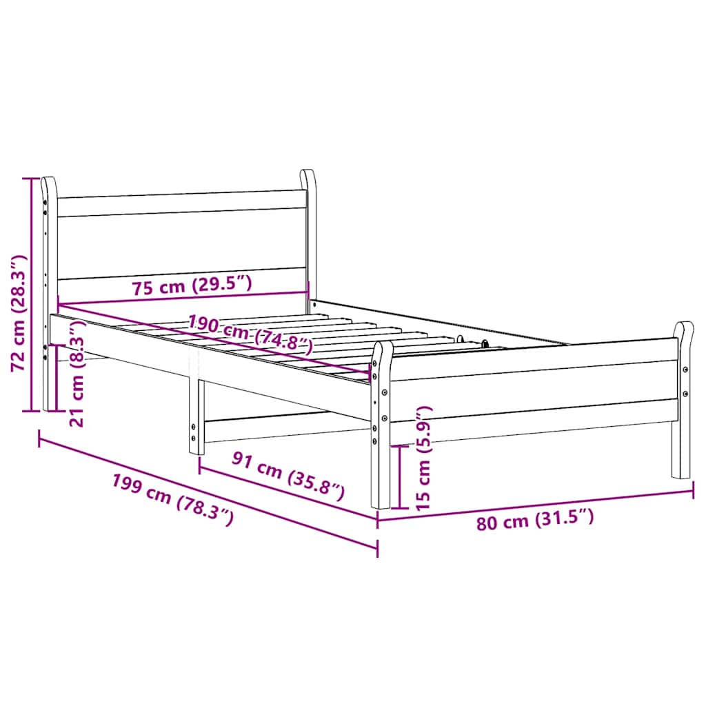Solid Pine Wood Bed Frame, Small Single 75x190cm, Wax Brown Finish