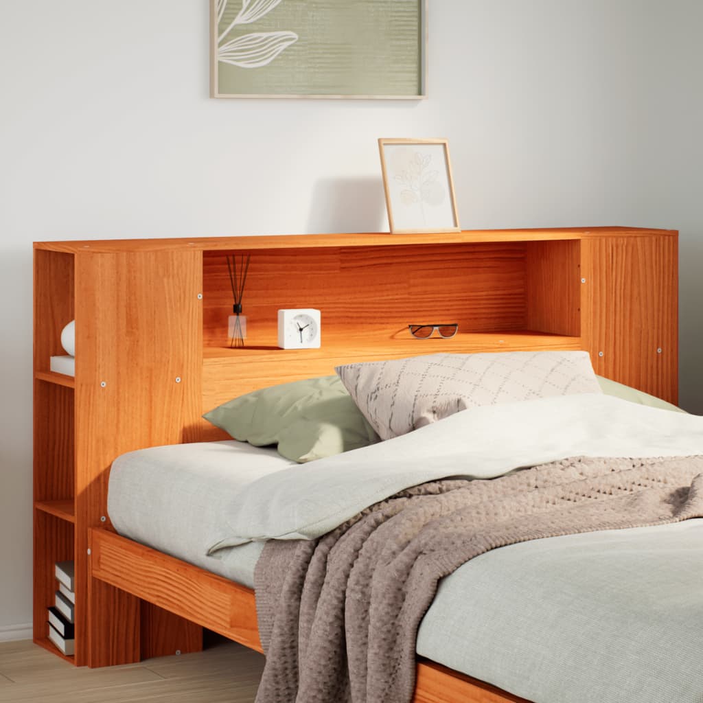 Solid Pine Wood Headboard with Storage, Wax Brown, 140cm