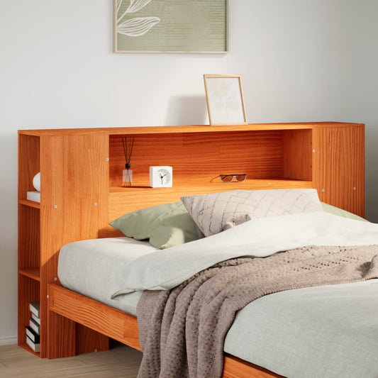 Solid Pine Wood Headboard with Storage, Wax Brown, 140cm