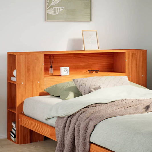Solid Pine Wood Headboard with Storage, Wax Brown, 120cm