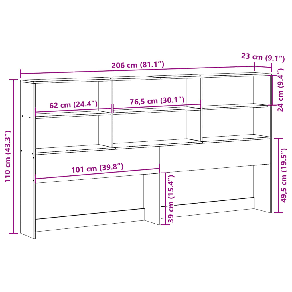 Solid Pine White Headboard with Storage, 200 cm Length