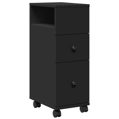 Black Engineered Wood Narrow Bathroom Cabinet with Wheels