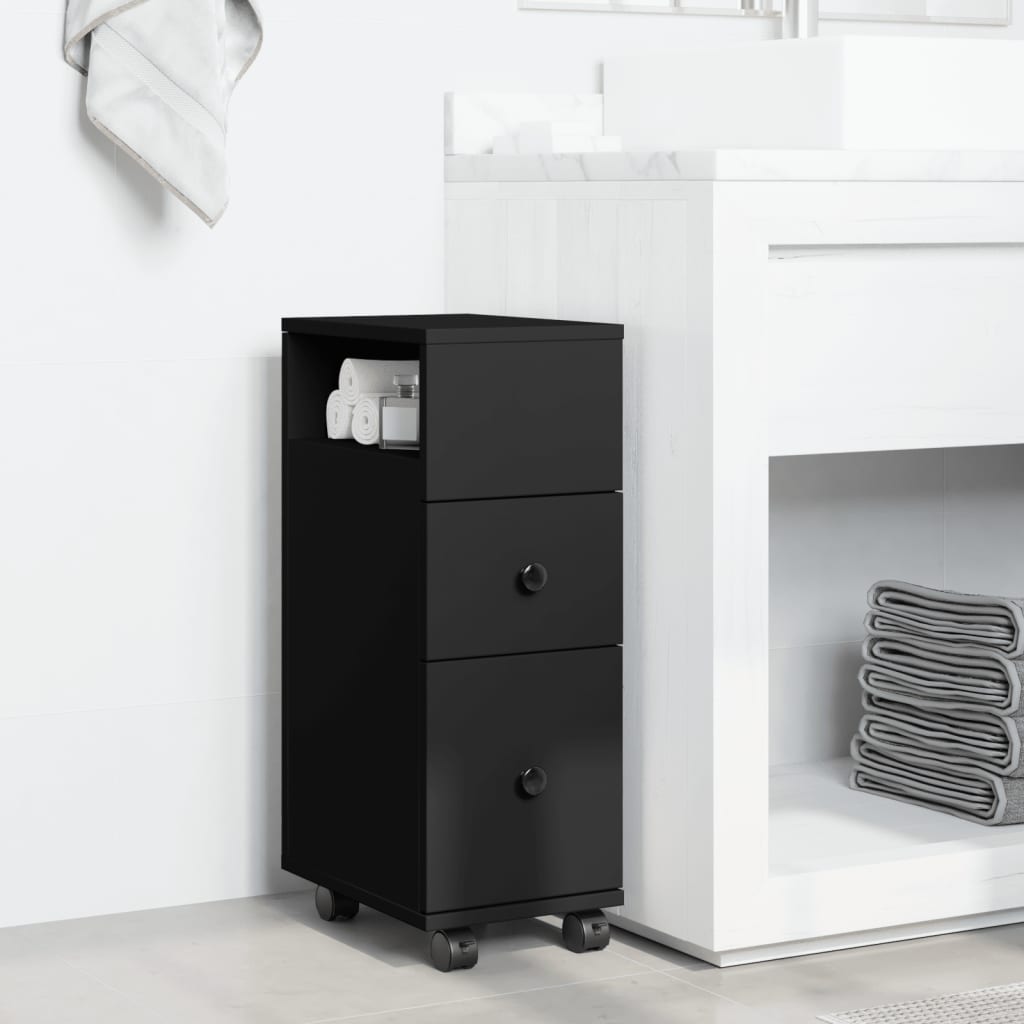 Black Engineered Wood Narrow Bathroom Cabinet with Wheels