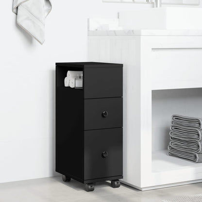 Black Engineered Wood Narrow Bathroom Cabinet with Wheels
