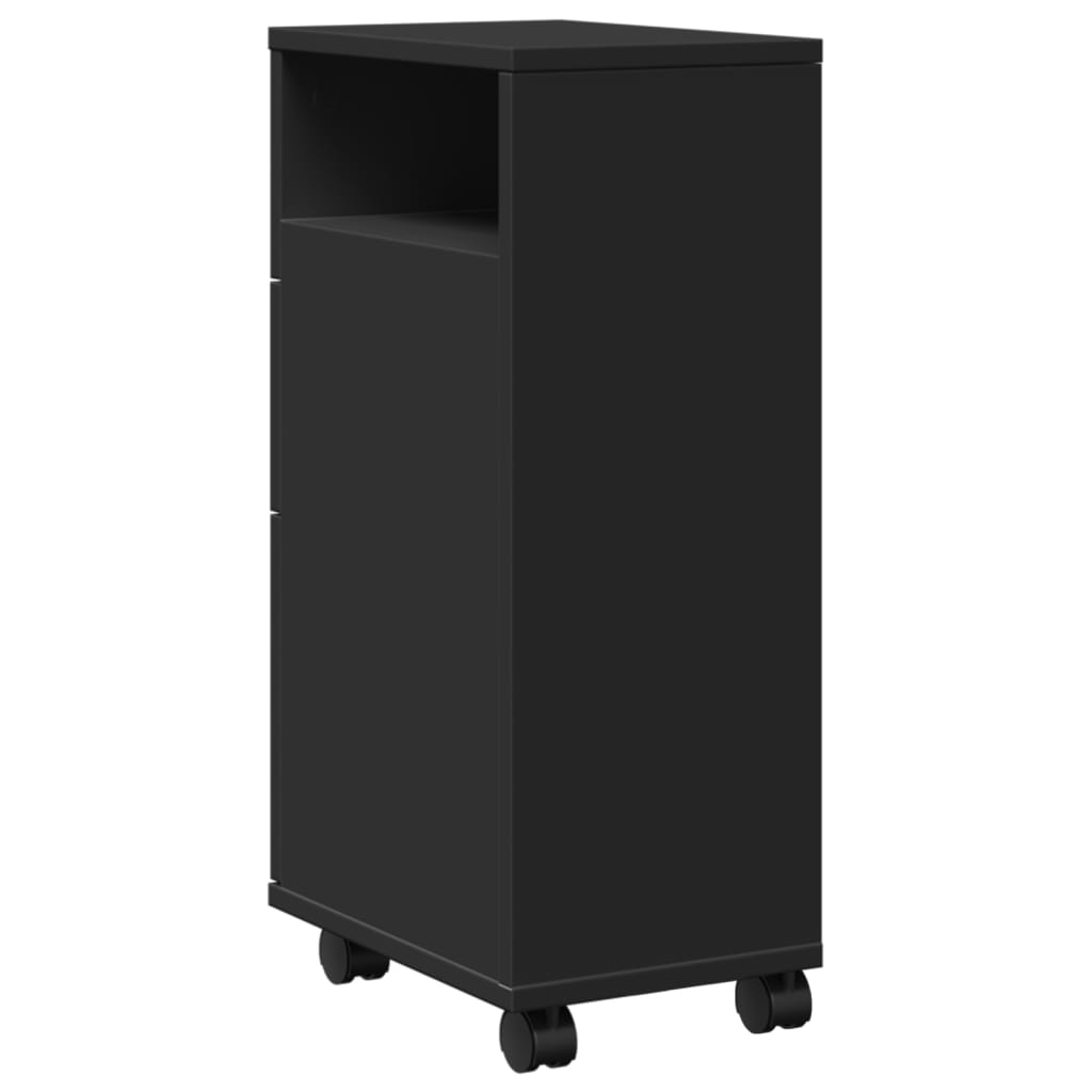 Black Engineered Wood Narrow Bathroom Cabinet with Wheels