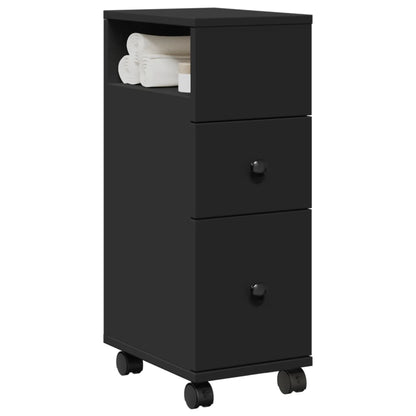 Black Engineered Wood Narrow Bathroom Cabinet with Wheels