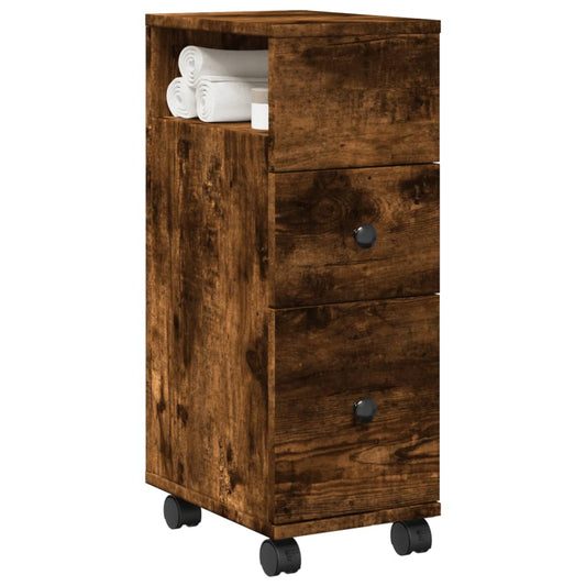 Compact Smoked Oak Bathroom Cabinet on Wheels, Engineered Wood