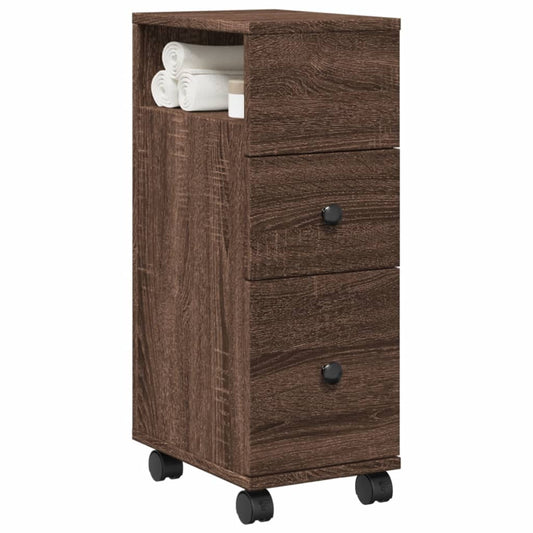 Rolling Narrow Bathroom Cabinet - Brown Oak Engineered Wood
