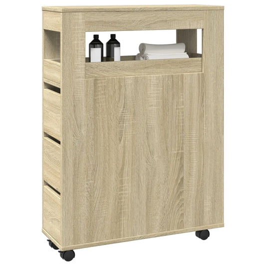 Narrow Sonoma Oak Bathroom Cabinet with Wheels - Engineered Wood