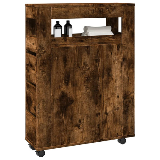 Mobile Narrow Bathroom Cabinet - Smoked Oak Wood Finish