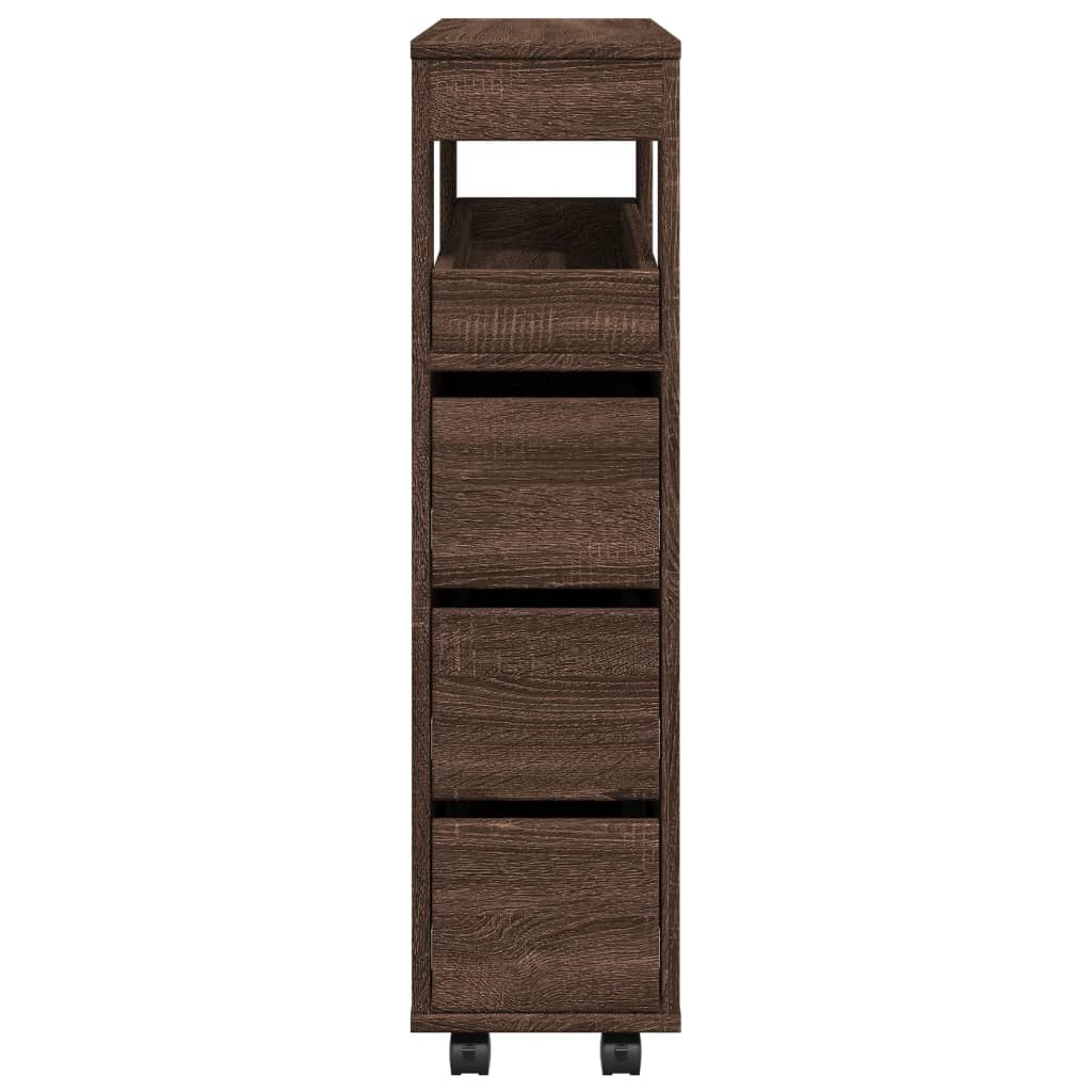 Compact Brown Oak Rolling Bathroom Cabinet - Engineered Wood