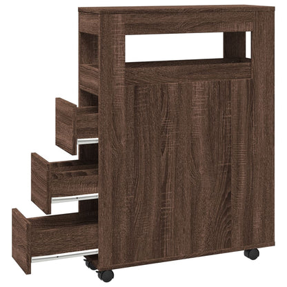 Compact Brown Oak Rolling Bathroom Cabinet - Engineered Wood