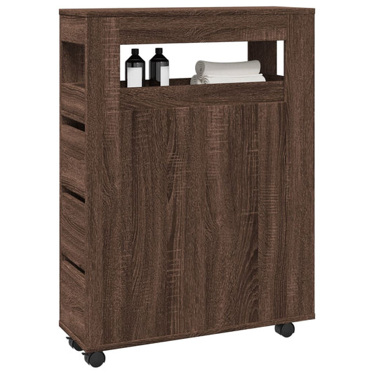 Compact Brown Oak Rolling Bathroom Cabinet - Engineered Wood