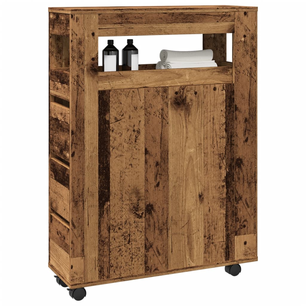 Rustic Narrow Bathroom Cabinet with Wheels, Old Engineered Wood