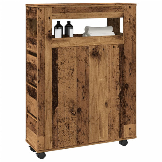 Rustic Narrow Bathroom Cabinet with Wheels, Old Engineered Wood