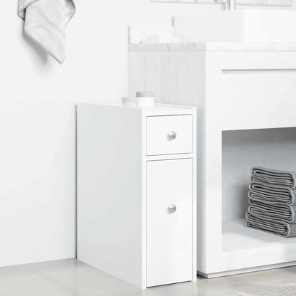 Compact White Engineered Wood Bathroom Cupboard on Wheels