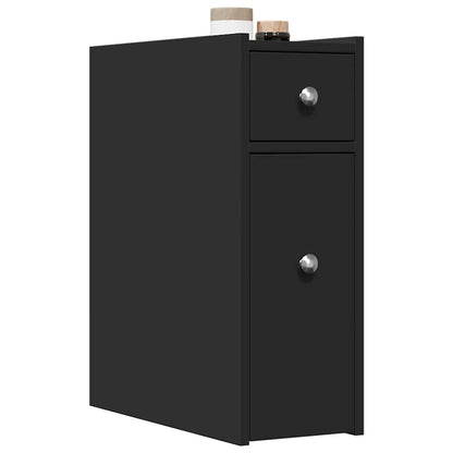 Black Engineered Wood Narrow Bathroom Cupboard with Wheels