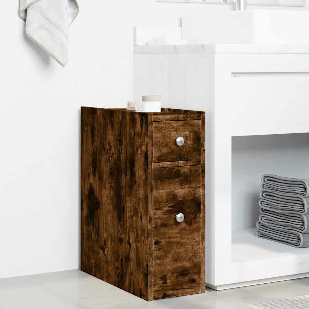 Mobile Narrow Bathroom Cupboard, Smoked Oak Wood Finish