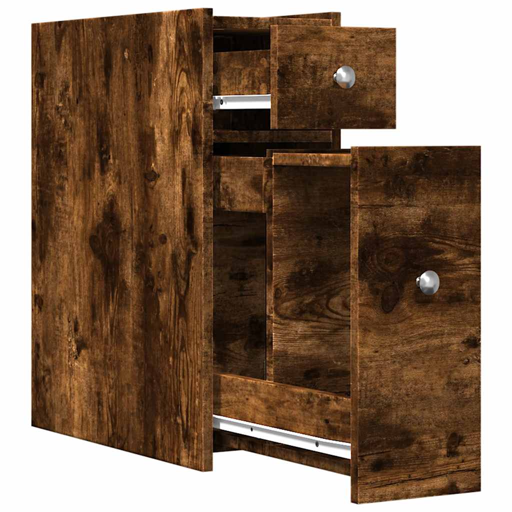 Mobile Narrow Bathroom Cupboard, Smoked Oak Wood Finish