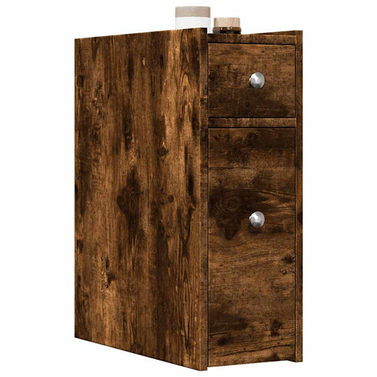 Mobile Narrow Bathroom Cupboard, Smoked Oak Wood Finish