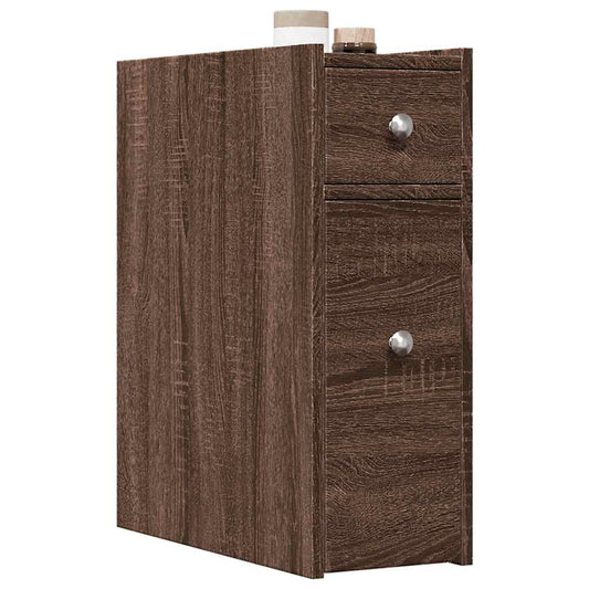 Mobile Narrow Brown Oak Bathroom Cupboard - Engineered Wood