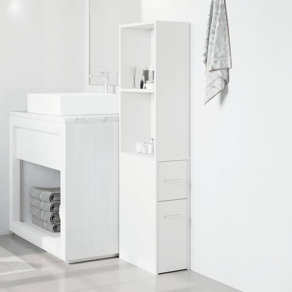 White Engineered Wood Narrow Bathroom Cupboard with Wheels