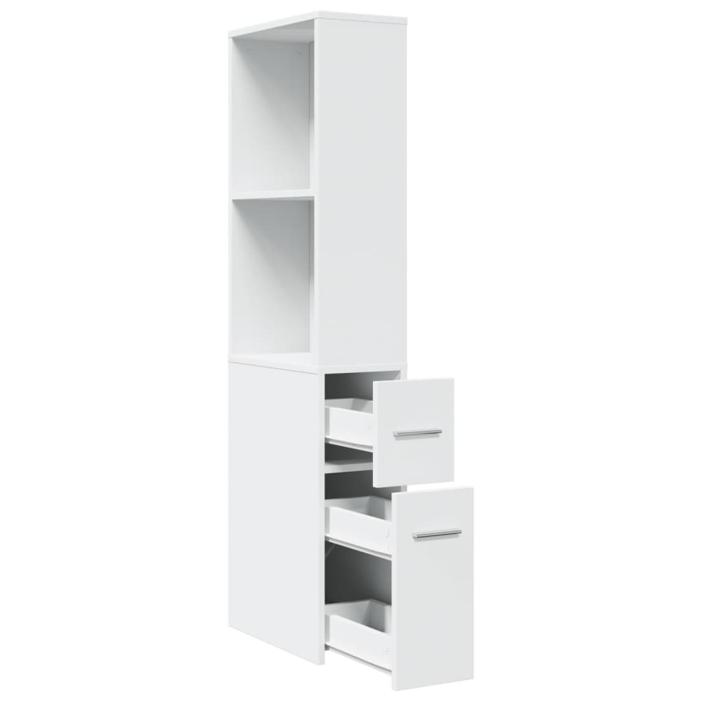 White Engineered Wood Narrow Bathroom Cupboard with Wheels
