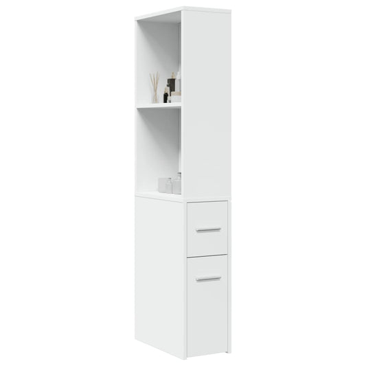 White Engineered Wood Narrow Bathroom Cupboard with Wheels