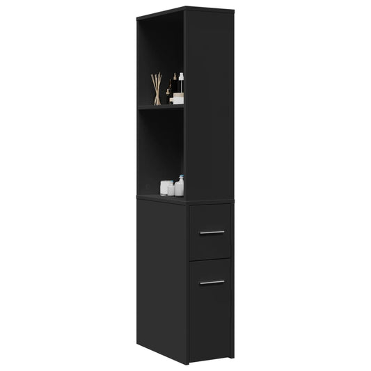 Black Engineered Wood Narrow Bathroom Cupboard with Wheels