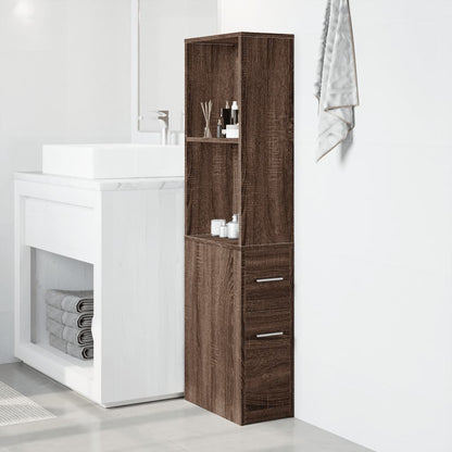 Brown Oak Narrow Bathroom Cupboard with Wheels - Engineered Wood