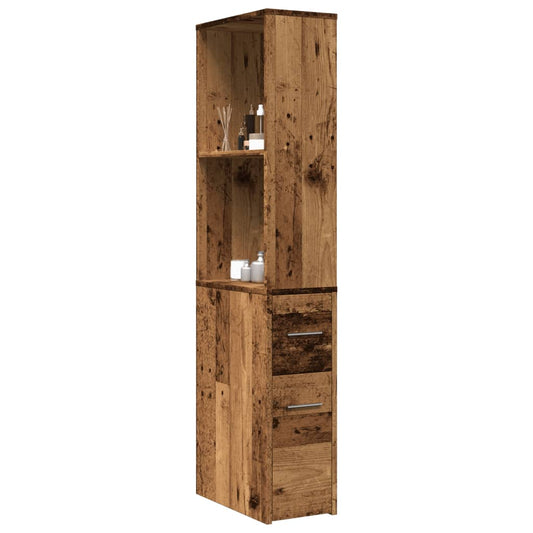 Narrow Wheeled Bathroom Cupboard - Old Wood Finish