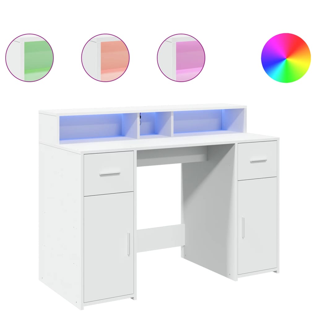 White Desk 120x55x91 cm with LED Lights, Engineered Wood