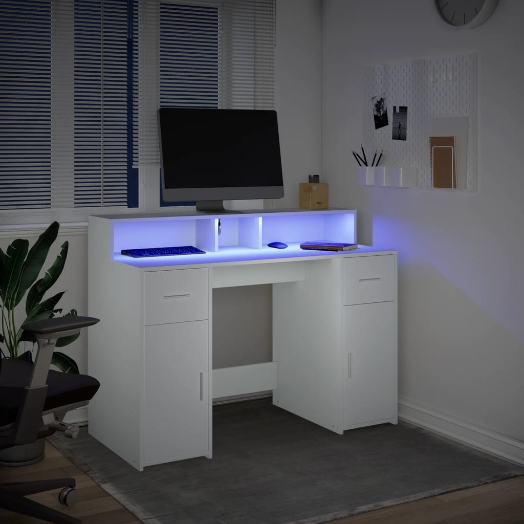 White Desk 120x55x91 cm with LED Lights, Engineered Wood