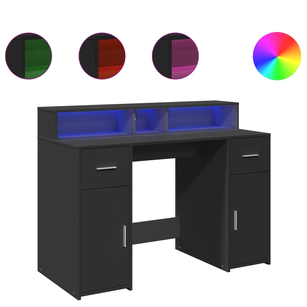 Sleek Black Engineered Wood Desk with LED Lights - 120x55x91 cm