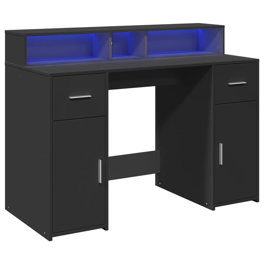 Sleek Black Engineered Wood Desk with LED Lights - 120x55x91 cm