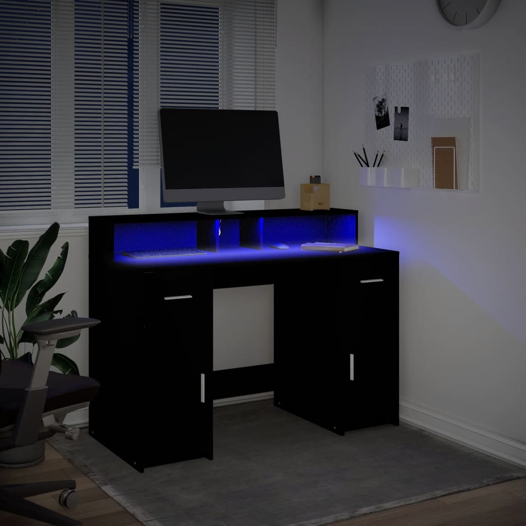 Sleek Black Engineered Wood Desk with LED Lights - 120x55x91 cm