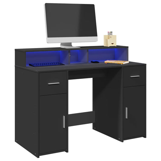 Sleek Black Engineered Wood Desk with LED Lights - 120x55x91 cm
