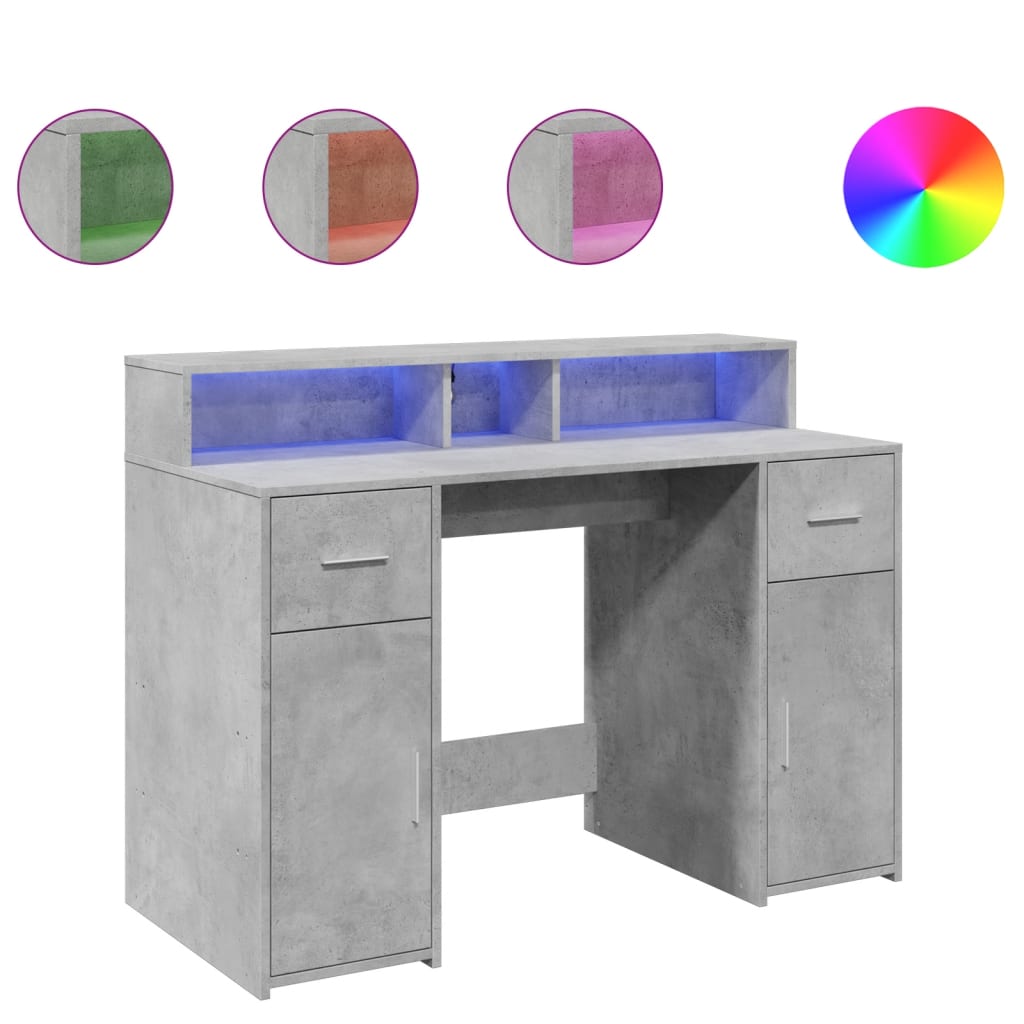 Concrete Grey Desk with LED Lights - 120x55x91 cm Engineered Wood
