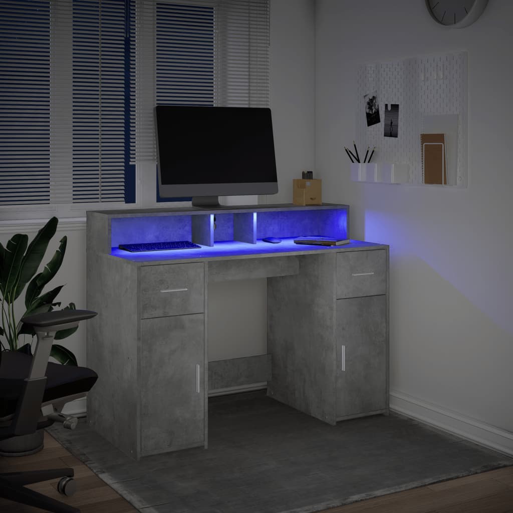 Concrete Grey Desk with LED Lights - 120x55x91 cm Engineered Wood