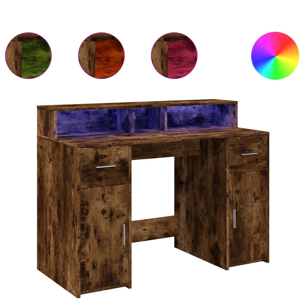 Smoked Oak Desk with LED Lights - 120x55x91 cm Engineered Wood