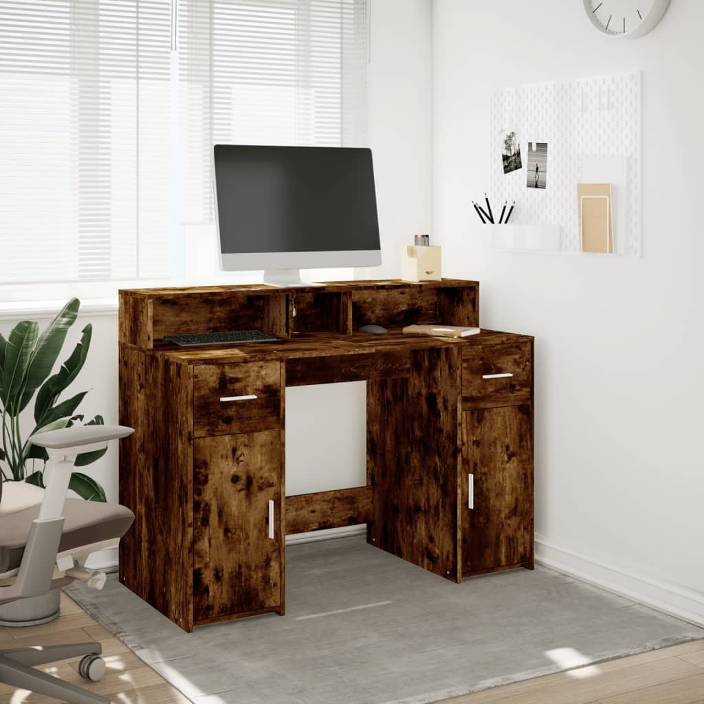 Smoked Oak Desk with LED Lights - 120x55x91 cm Engineered Wood